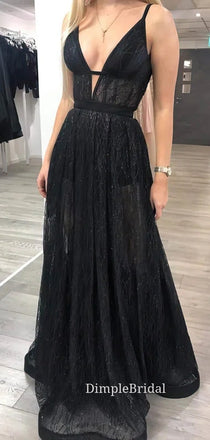 A-line Black Sparkly V-neck Long Evening Prom Dresses, Cheap Custom Prom Dresses, DM0036