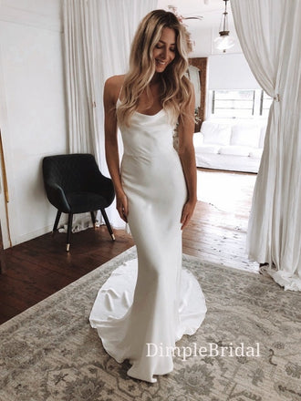 White Satin Spaghetti Straps Mermaid Long Evening Prom Dresses, Custom wedding Dresses, DM0037