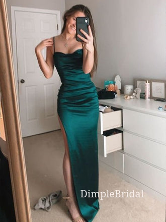 Simple Mermaid Dark Green Satin Long Evening Prom Dresses, Custom Spaghetti Straps Prom Dresses, DM0040