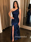 Sparkly One Shoulder Navy Blue Sequins Mermaid Long Evening Prom Dresses, Custom Prom Dresses, DM0041