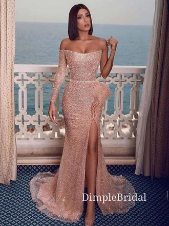 One Shoulder Long Sleeves Mermaid Sparkly Long Evening Prom Dresses, Custom Prom Dresses, DM0043
