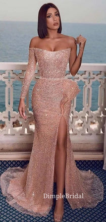 One Shoulder Long Sleeves Mermaid Sparkly Long Evening Prom Dresses, Custom Prom Dresses, DM0043