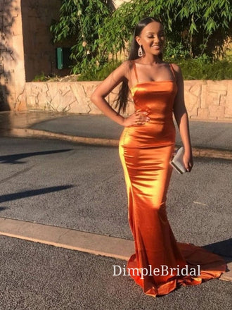 Simple Burnt Orange Satin Mermaid Long Evening Prom Dresses, Custom Spaghetti Straps Prom Dresses, DM0045