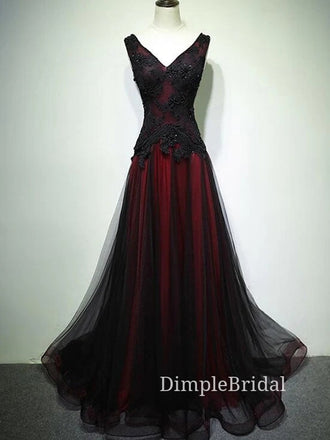 A-line Black Tulle Appliques Red Long Evening Prom Dresses, Custom V-neck Prom Dresses, DM0047