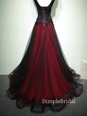 A-line Black Tulle Appliques Red Long Evening Prom Dresses, Custom V-neck Prom Dresses, DM0047