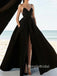 A-line Black Satin Spaghetti Straps Long Evening Prom Dresses, Custom Prom Dresses, DM0048