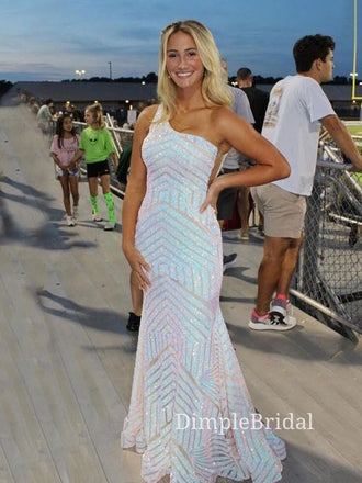 One Shoulder White Sequins Mermaid Long Evening Prom Dresses, Custom Prom Dresses, DM0049