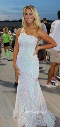 One Shoulder White Sequins Mermaid Long Evening Prom Dresses, Custom Prom Dresses, DM0049