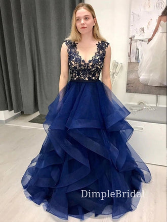 Royal Blue Tulle Appliques V-neck Long Evening Prom Dresses, Custom A-line Prom Dresses, DM0053