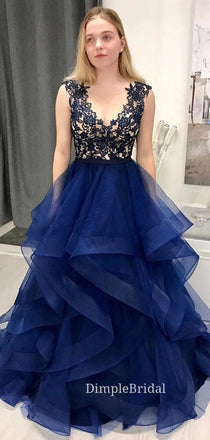 Royal Blue Tulle Appliques V-neck Long Evening Prom Dresses, Custom A-line Prom Dresses, DM0053
