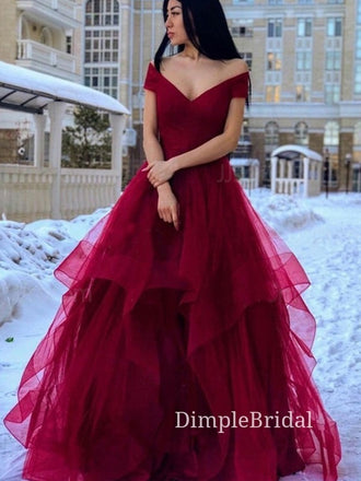 Off Shoulder Dark Red Tulle V-neck Long Evening Prom Dresses, A-line Custom Prom Dresses, DM0054