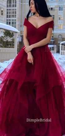 Off Shoulder Dark Red Tulle V-neck Long Evening Prom Dresses, A-line Custom Prom Dresses, DM0054