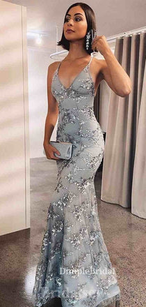 V-neck Grey Tulle Appliques Mermaid Long Evening Prom Dresses, Cheap Custom Prom Dresses, DM0057