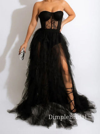 A-line Black Tulle Strapless Long Evening Prom Dresses, Cheap Sweetheart Custom Prom Dresses, DM0059