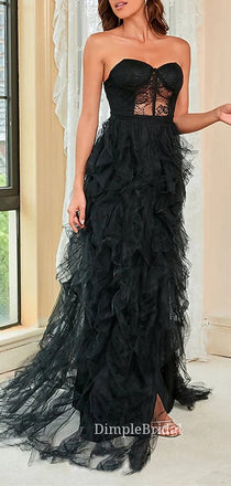 A-line Black Tulle Strapless Long Evening Prom Dresses, Cheap Sweetheart Custom Prom Dresses, DM0059