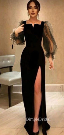 Mermaid Black Long Sleeves Long Evening Prom Dresses, Custom Side Slit Prom Dresses, DM0061