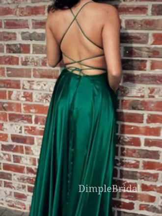 White Satin Spaghetti Straps Long Evening Prom Dresses, Custom Side Slit Prom Dresses, DM0063