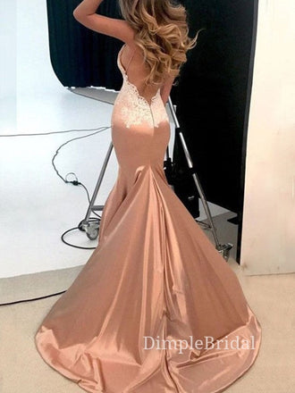 Sexy Rose Gold Satin Appliques Spaghetti Straps Long Evening Prom Dresses, Custom Prom Dresses, DM0064