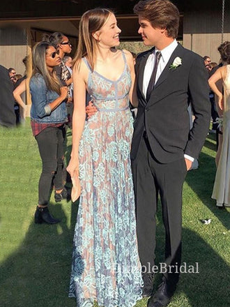 A-line Blue Lace Spaghetti Straps Long Evening Prom Dresses, Custom V-neck Prom Dresses, DM0067