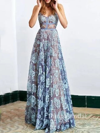 A-line Blue Lace Spaghetti Straps Long Evening Prom Dresses, Custom V-neck Prom Dresses, DM0067