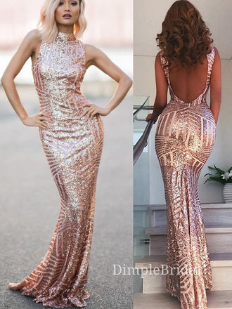 Rose Gold Sequins Mermaid Sparkly Long Evening Prom Dresses, Custom Halter Prom Dresses, DM0072