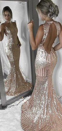 Rose Gold Sequins Mermaid Sparkly Long Evening Prom Dresses, Custom Halter Prom Dresses, DM0072