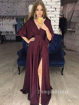 Formal Burgundy V-neck Long Evening Prom Dresses, Cheap Custom Prom Dresses, DM0075