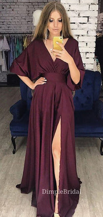 Formal Burgundy V-neck Long Evening Prom Dresses, Cheap Custom Prom Dresses, DM0075