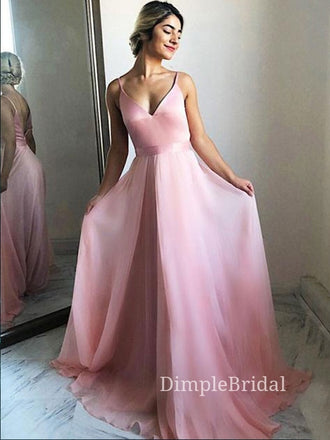 A-line Pink Spaghetti Straps Long Evening Prom Dresses, Custom V-neck Prom Dresses, DM0077