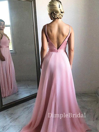A-line Pink Spaghetti Straps Long Evening Prom Dresses, Custom V-neck Prom Dresses, DM0077