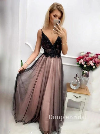 A-line Black Tulle Spaghetti Straps Long Evening Prom Dresses, Custom V-neck Prom Dresses, DM0080