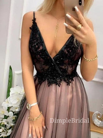 A-line Black Tulle Spaghetti Straps Long Evening Prom Dresses, Custom V-neck Prom Dresses, DM0080