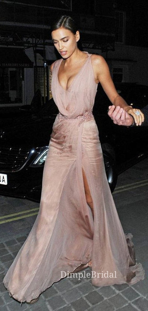 Sexy Sheath Rose Gold V-neck Long Evening Prom Dresses, Custom Prom Dresses, DM0081