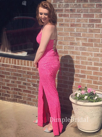 Hot Pink Sequins Mermaid Spaghetti Straps Long Evening Prom Dresses, Custom Prom Dresses, DM0083