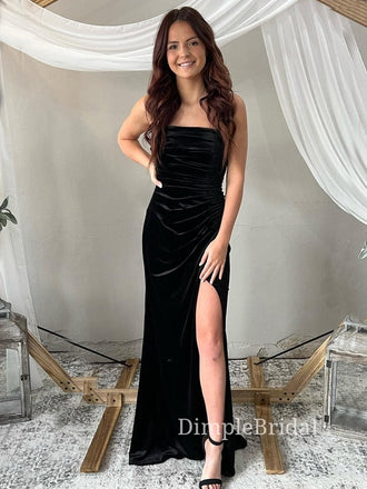 Black Velvet Mermaid Strapless Long Evening Prom Dresses, Custom Side Slit Prom Dresses, DM0084