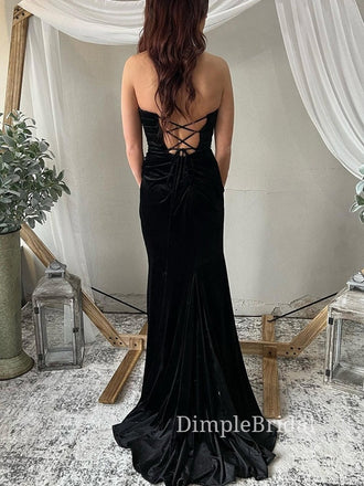 Black Velvet Mermaid Strapless Long Evening Prom Dresses, Custom Side Slit Prom Dresses, DM0084