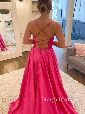 Cowl-neck A-line Hot Pink Satin Long Evening Prom Dresses, Custom Spaghetti Straps Prom Dresses, DM0085