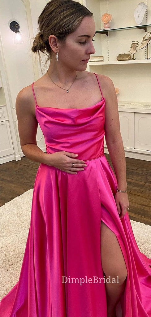 Cowl-neck A-line Hot Pink Satin Long Evening Prom Dresses, Custom Spaghetti Straps Prom Dresses, DM0085