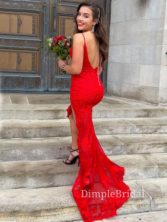Red Tulle Appliques Mermaid Long Evening Prom Dresses, Custom V-neck Prom Dresses, DM0086
