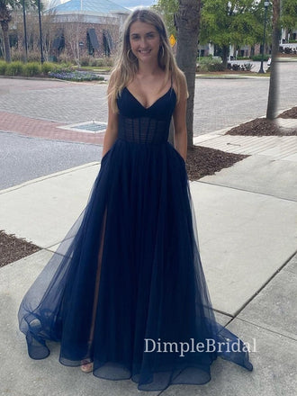 Navy Blue Tulle A-line V-neck Long Evening Prom Dresses, Custom Cheap Prom Dresses, DM0087