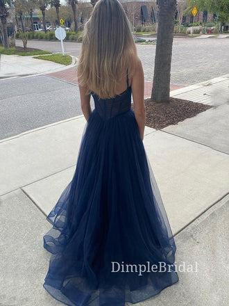 Navy Blue Tulle A-line V-neck Long Evening Prom Dresses, Custom Cheap Prom Dresses, DM0087