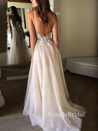 Deep V-neck A-line Long Evening Prom Dresses, Custom Spaghetti Straps Prom Dresses, DM0090
