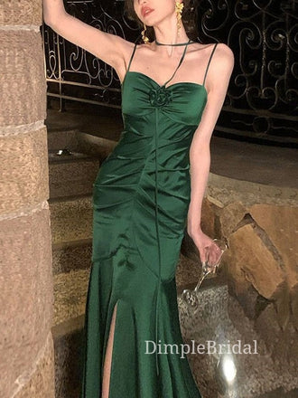 Spaghetti Straps Emerald Green Satin Mermaid Long Evening Prom Dresses, Custom Prom Dresses, DM0091
