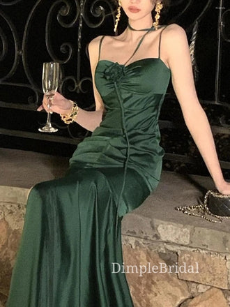 Spaghetti Straps Emerald Green Satin Mermaid Long Evening Prom Dresses, Custom Prom Dresses, DM0091