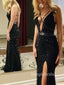Black Tulle Deep V-neck Mermaid Long Evening Prom Dresses, Custom Prom Dresses, DM0092
