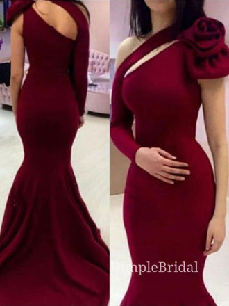 Dark Red Mermaid One Shoulder Long Evening Prom Dresses, Custom Long Sleeves Prom Dresses, DM0093