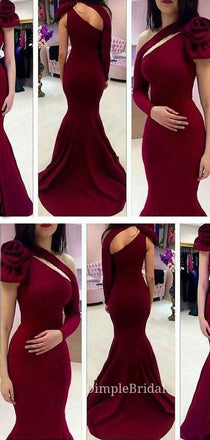 Dark Red Mermaid One Shoulder Long Evening Prom Dresses, Custom Long Sleeves Prom Dresses, DM0093