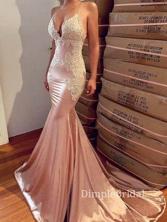 Sexy Mermaid Satin Mermaid Long Evening Prom Dresses, Custom Appliques Prom Dresses, DM0096