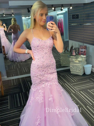 Mermaid Tulle Appliques Spaghetti Straps Long Evening Prom Dresses, Cheap Prom Dresses, DM0097