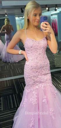 Mermaid Tulle Appliques Spaghetti Straps Long Evening Prom Dresses, Cheap Prom Dresses, DM0097